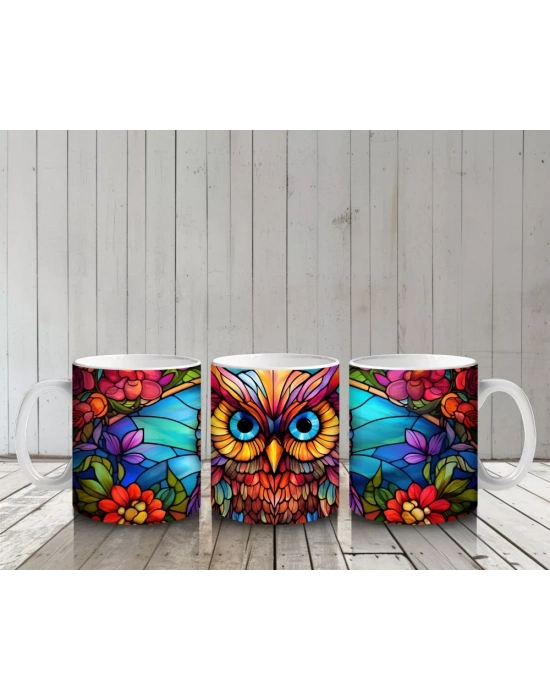 Renkli Mozaik Desenli Baykuş İllüstrasyonu – Baskılı Kahve Kupası