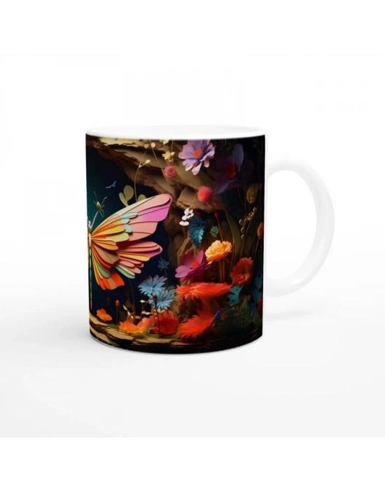Renkli Orman Çiçekleri Arasında Dev Kelebek Temalı Baskılı Kupa Bardak