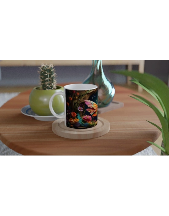 Renkli Orman Çiçekleri Arasında Dev Kelebek Temalı Baskılı Kupa Bardak