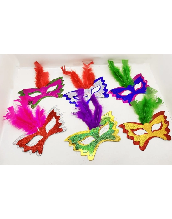 Renkli Parti Maskesi 6'lı | Tüylü Karton Maske Seti (lastikli)
