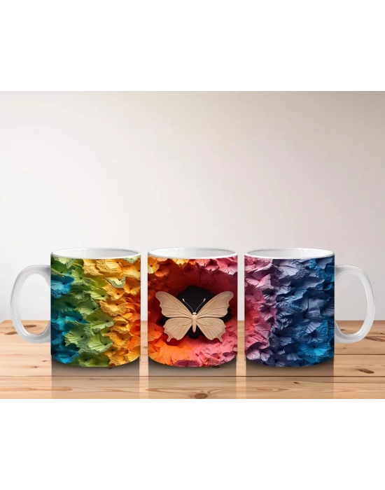 Renkli Rölyef Dokuda Soluk Turuncu Kelebek – Baskılı Kahve Kupası