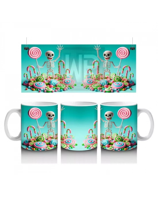 Renkli Şeker ve İskeletler Temalı Sevimli Cadılar Bayramı Baskılı Kupa Bardak