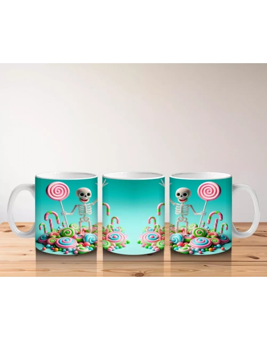 Renkli Şeker ve İskeletler Temalı Sevimli Cadılar Bayramı Baskılı Kupa Bardak