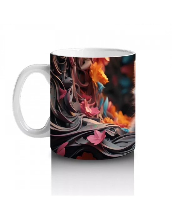 Renkli Sonbahar Yaprakları Arasında Gözleri Parlayan Kedi – Baskılı Kahve Kupası