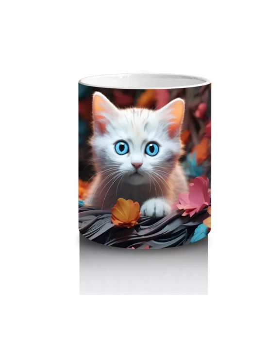 Renkli Sonbahar Yaprakları Arasında Gözleri Parlayan Kedi – Baskılı Kahve Kupası