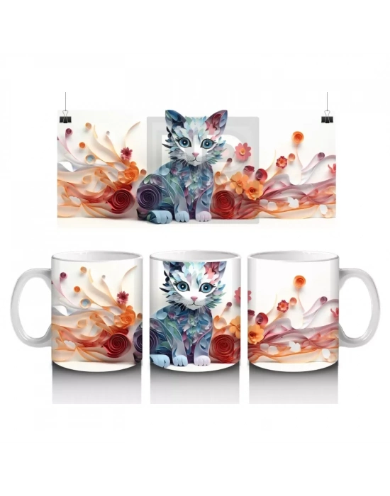 Renkli Su Damlaları ve Kedi Desenli Kupa – Baskılı Kahve Kupası