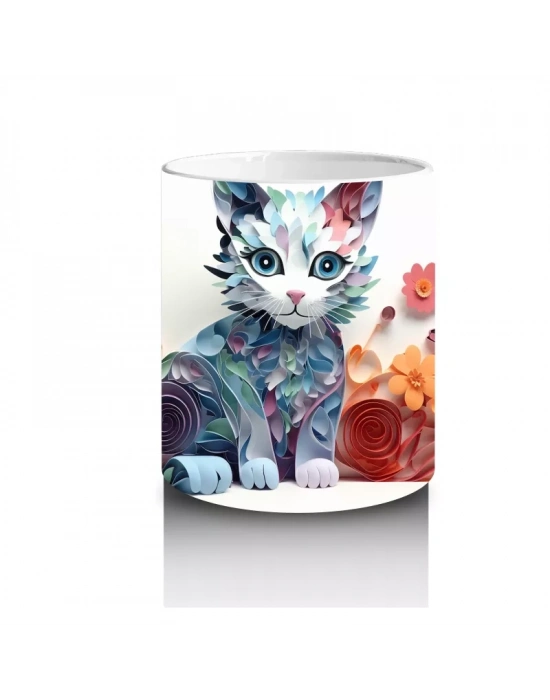 Renkli Su Damlaları ve Kedi Desenli Kupa – Baskılı Kahve Kupası