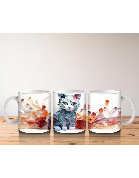 Renkli Su Damlaları ve Kedi Desenli Kupa – Baskılı Kahve Kupası