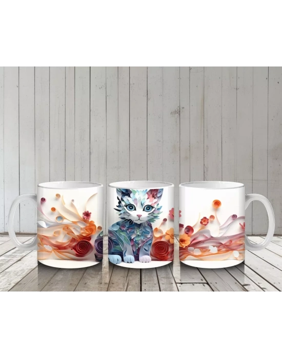 Renkli Su Damlaları ve Kedi Desenli Kupa – Baskılı Kahve Kupası