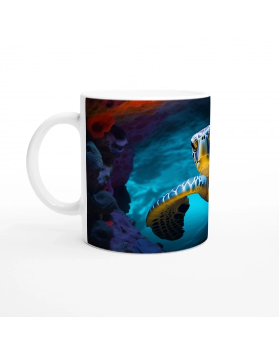 Renkli Süngerlerle Çevrili Deniz Kaplumbağası Kupa Bardak