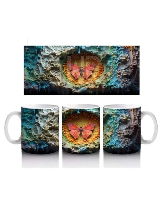 Renkli Taşlarla Çevrili Pembe Kelebek – Baskılı Kahve Kupası