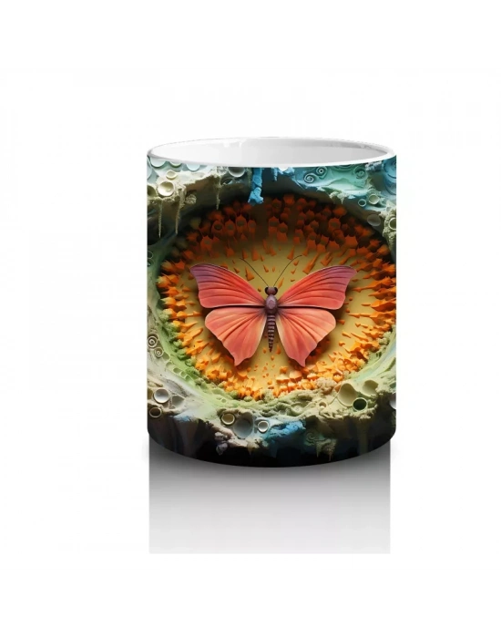 Renkli Taşlarla Çevrili Pembe Kelebek – Baskılı Kahve Kupası