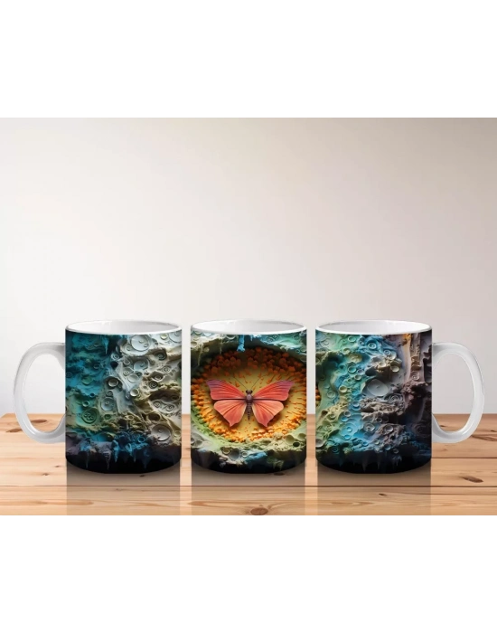 Renkli Taşlarla Çevrili Pembe Kelebek – Baskılı Kahve Kupası