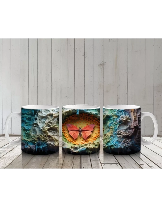 Renkli Taşlarla Çevrili Pembe Kelebek – Baskılı Kahve Kupası