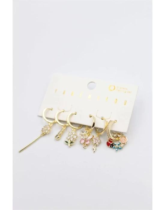 Renkli Taşlı Set Küpe - Altın