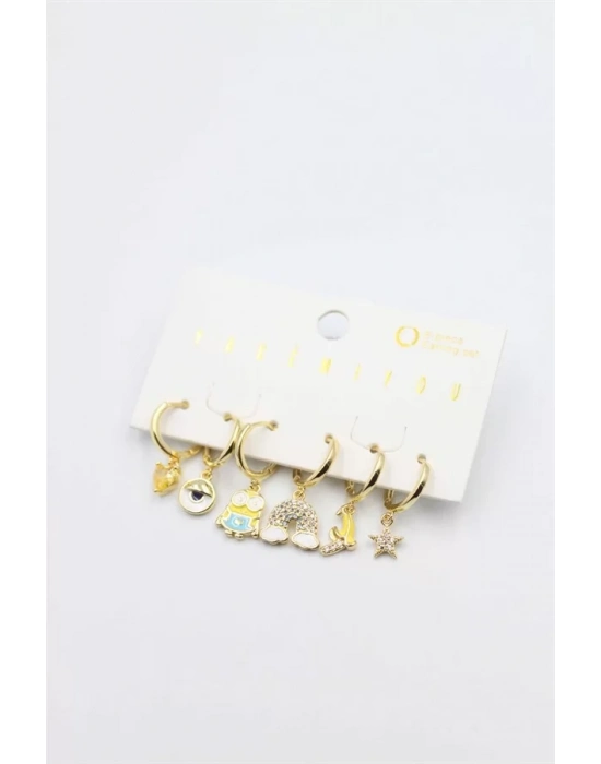 Renkli Taşlı Set Küpe - Altın