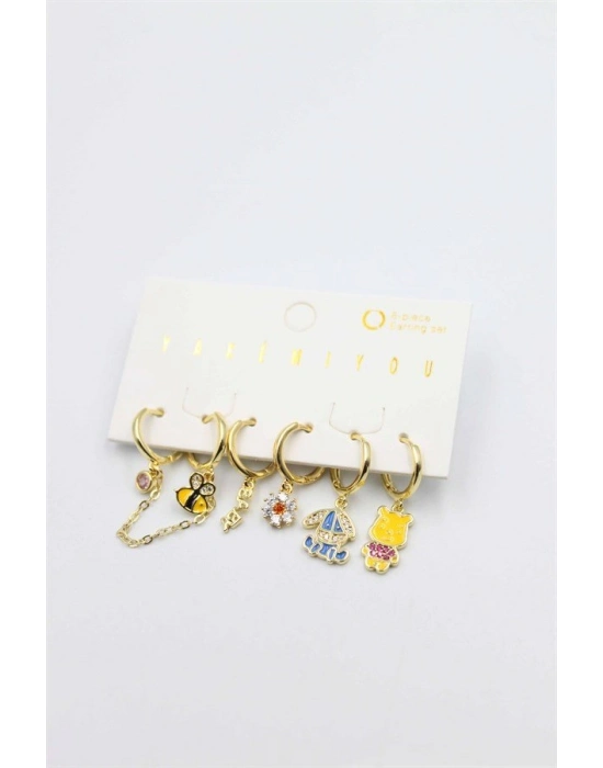 Renkli Taşlı Set Küpe - Altın