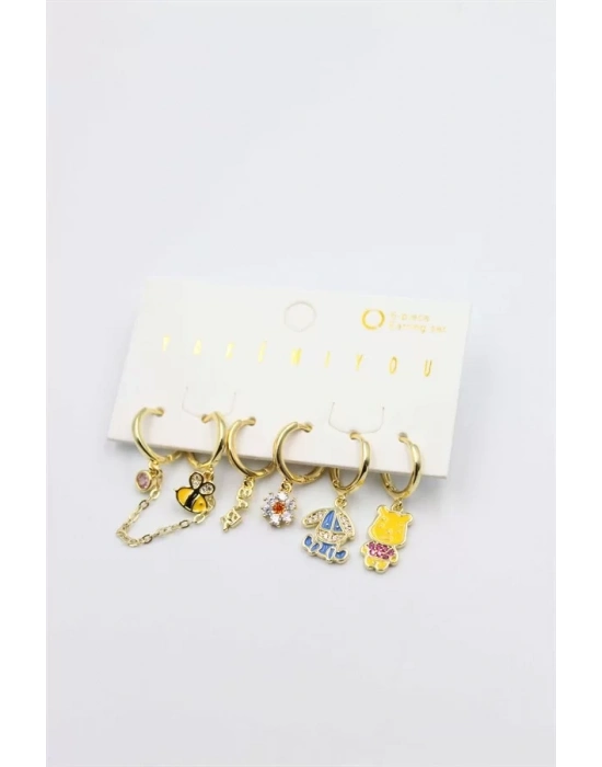 Renkli Taşlı Set Küpe - Altın