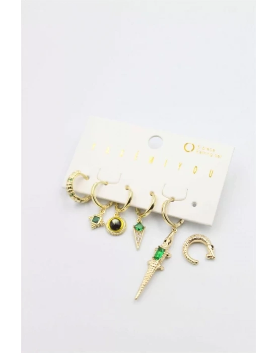 Renkli Taşlı Set Küpe - Altın