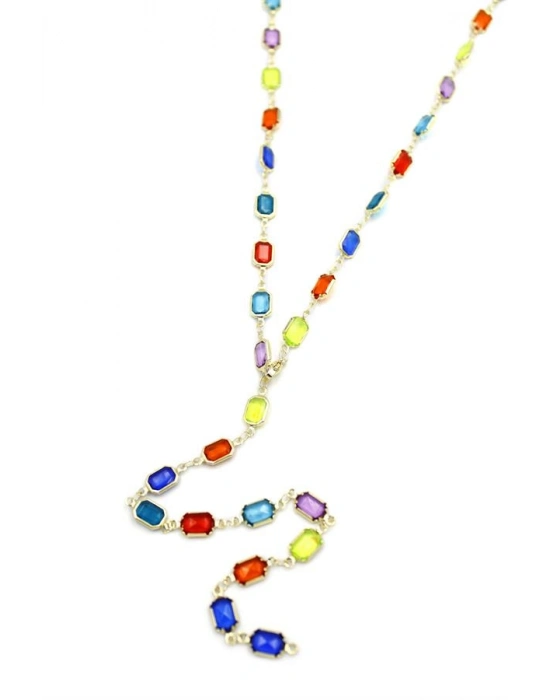 Renkli Taşlı Y Kolye - Altın