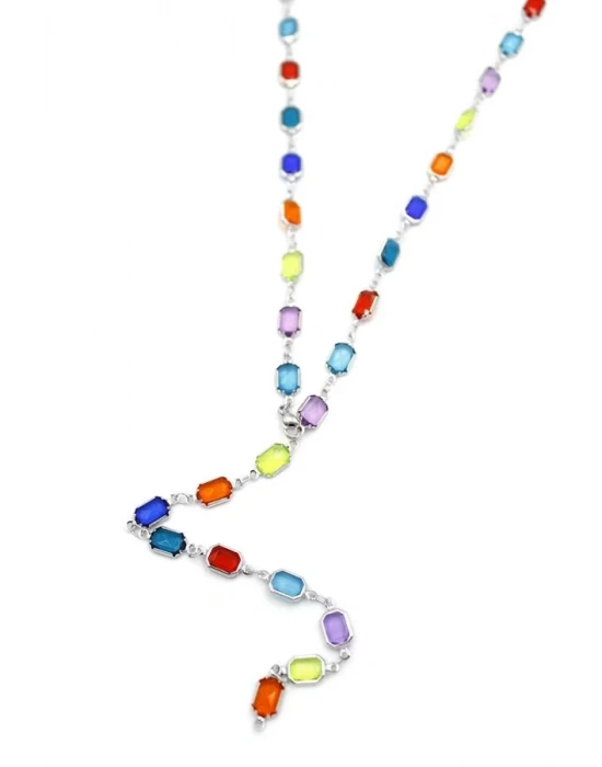Renkli Taşlı Y Kolye - Gümüş