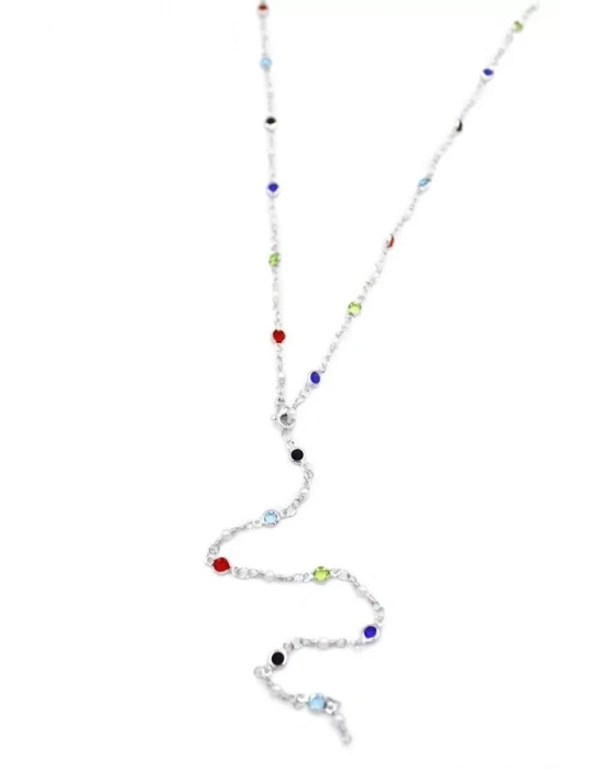 Renkli Taşlı Y Kolye - Gümüş