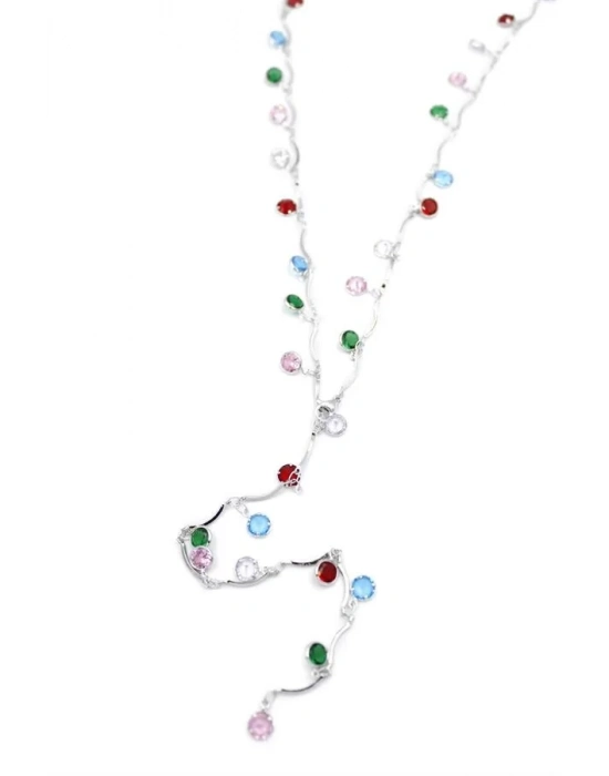 Renkli Taşlı Y Kolye - Gümüş