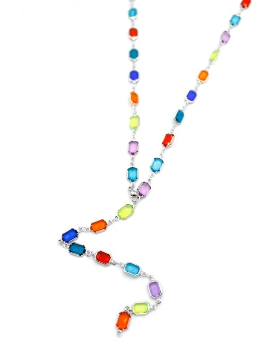 Renkli Taşlı Y Kolye - Gümüş