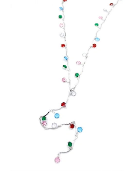 Renkli Taşlı Y Kolye - Gümüş