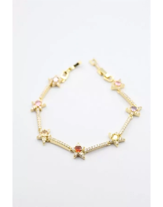 Renkli Taşlı Yıldız Bileklik - Altın