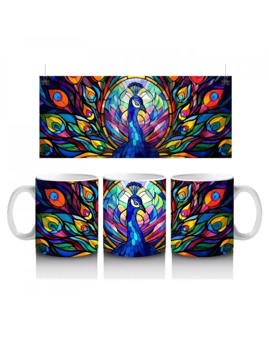 Renkli Tüy Desenleriyle Zarif Tavus Kuşu – Baskılı Kahve Kupası