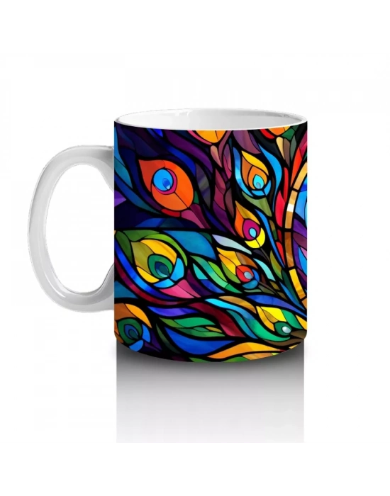 Renkli Tüy Desenleriyle Zarif Tavus Kuşu – Baskılı Kahve Kupası