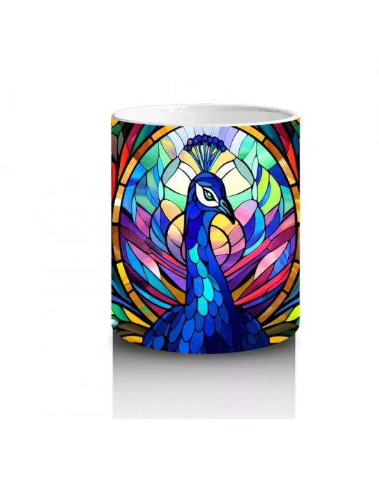 Renkli Tüy Desenleriyle Zarif Tavus Kuşu – Baskılı Kahve Kupası