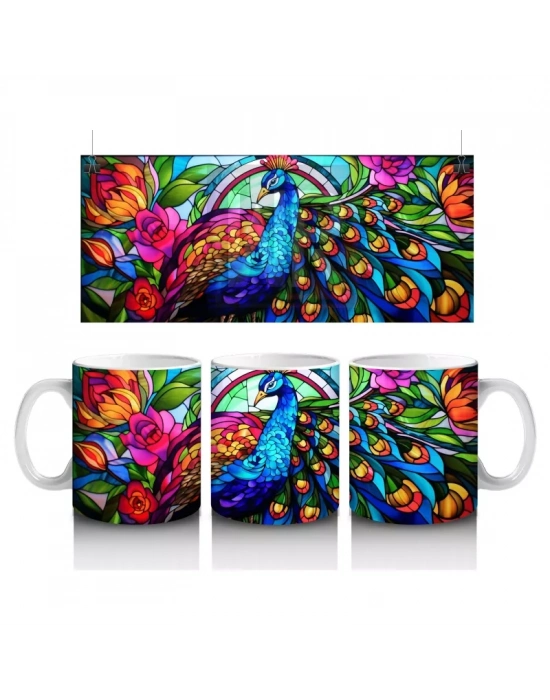 Renkli Tüy Desenli Tavus Kuşu – Baskılı Kahve Kupası