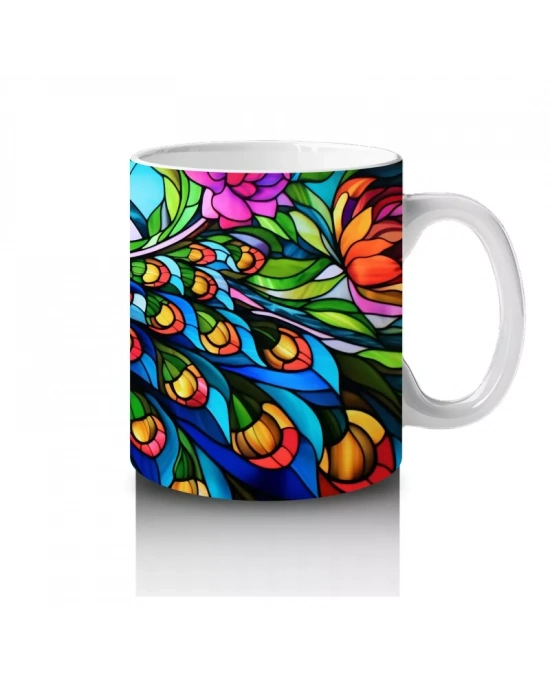 Renkli Tüy Desenli Tavus Kuşu – Baskılı Kahve Kupası