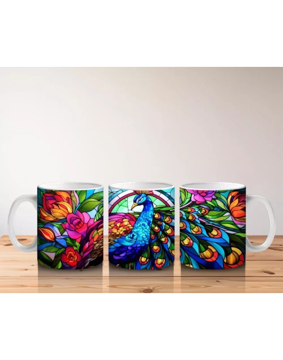 Renkli Tüy Desenli Tavus Kuşu – Baskılı Kahve Kupası