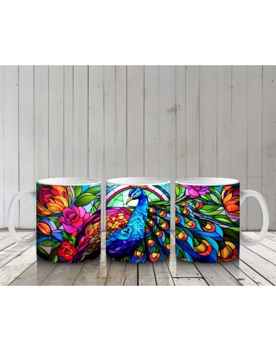 Renkli Tüy Desenli Tavus Kuşu – Baskılı Kahve Kupası