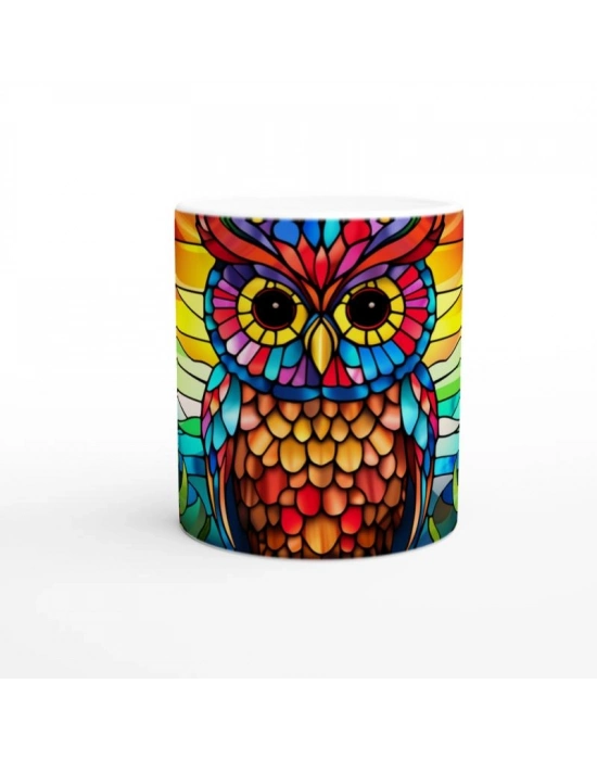 Renkli Vitray Baykuş Temalı Baskılı Kupa Bardak