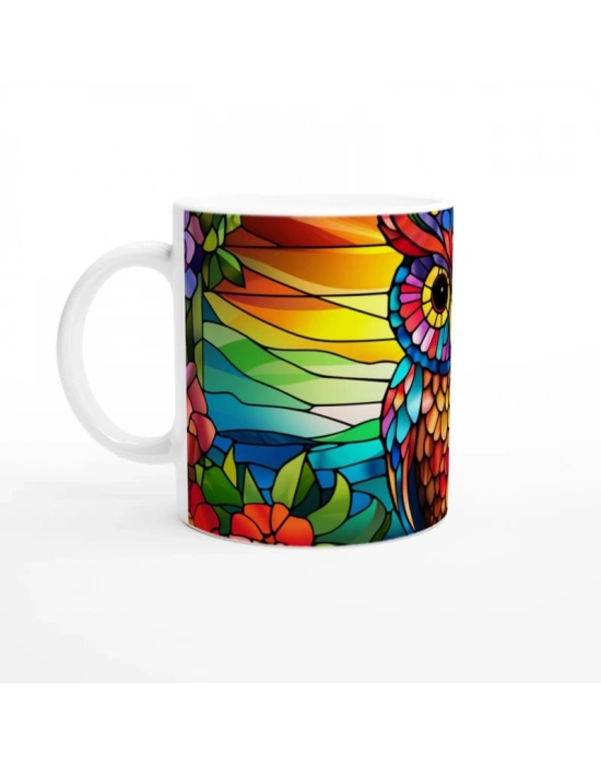 Renkli Vitray Baykuş Temalı Baskılı Kupa Bardak