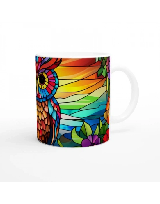 Renkli Vitray Baykuş Temalı Baskılı Kupa Bardak