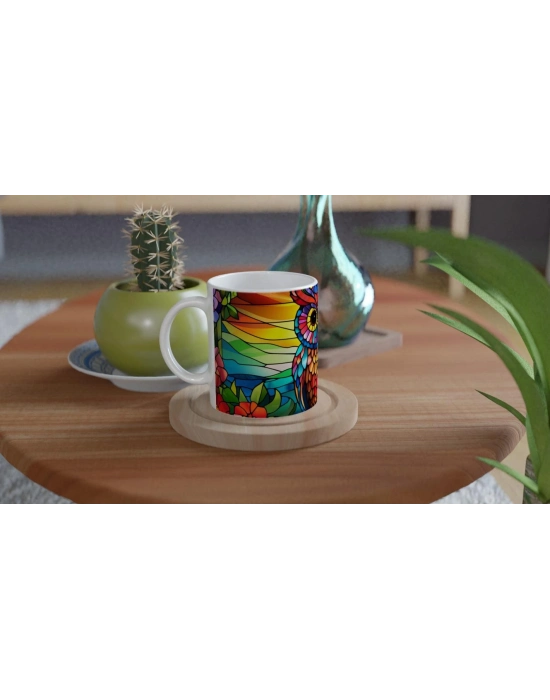 Renkli Vitray Baykuş Temalı Baskılı Kupa Bardak