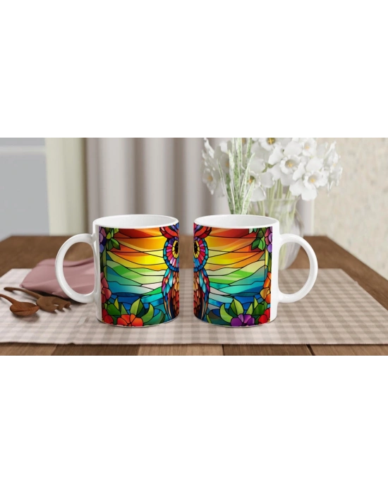 Renkli Vitray Baykuş Temalı Baskılı Kupa Bardak