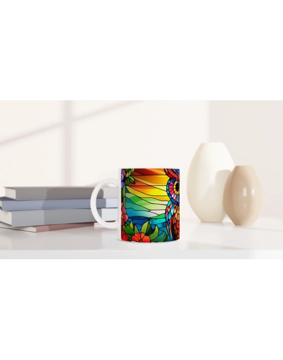 Renkli Vitray Baykuş Temalı Baskılı Kupa Bardak