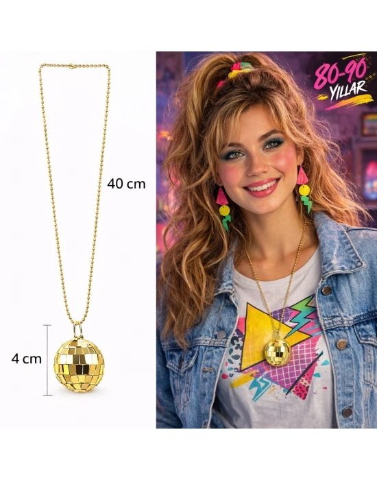 Retro Disko Topu Şekilli 80'ler 90'lar Altın Renk Plastik Kolye