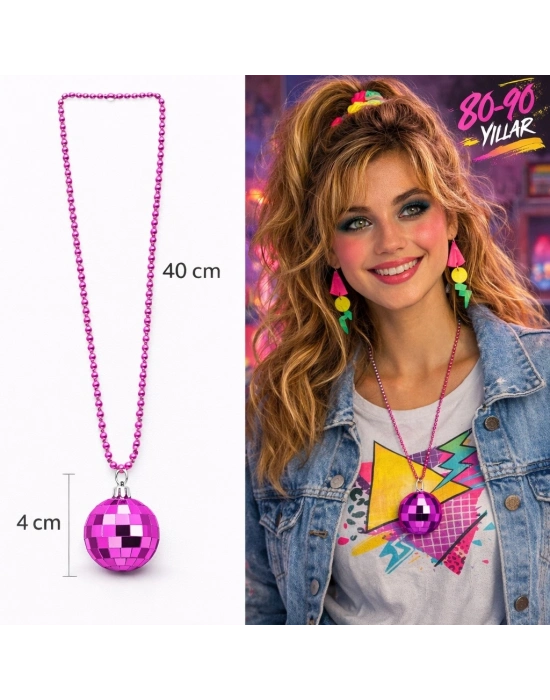 Retro Disko Topu Şekilli 80'ler 90'lar Fuşya Pembe Renk Plastik Kolye