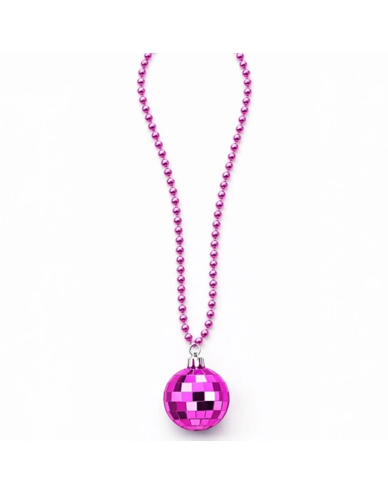 Retro Disko Topu Şekilli 80'ler 90'lar Fuşya Pembe Renk Plastik Kolye