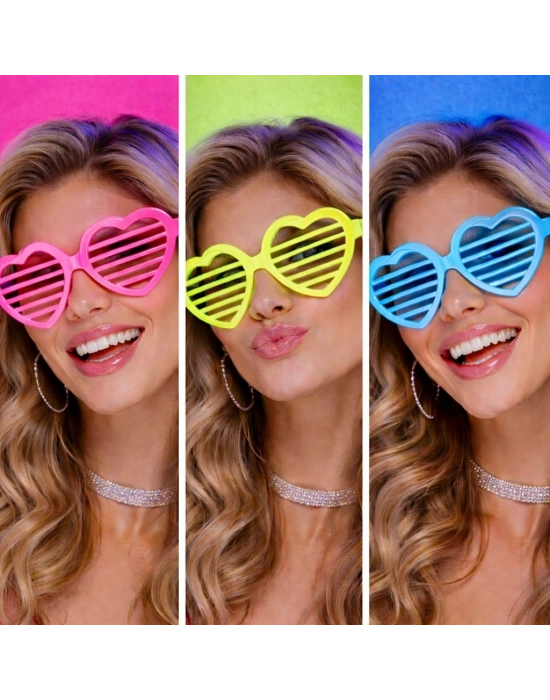 Retro Neon Fosforlu Kalp Panjur Gözlük 12 Adet – 80’ler 90’lar Parti Stili