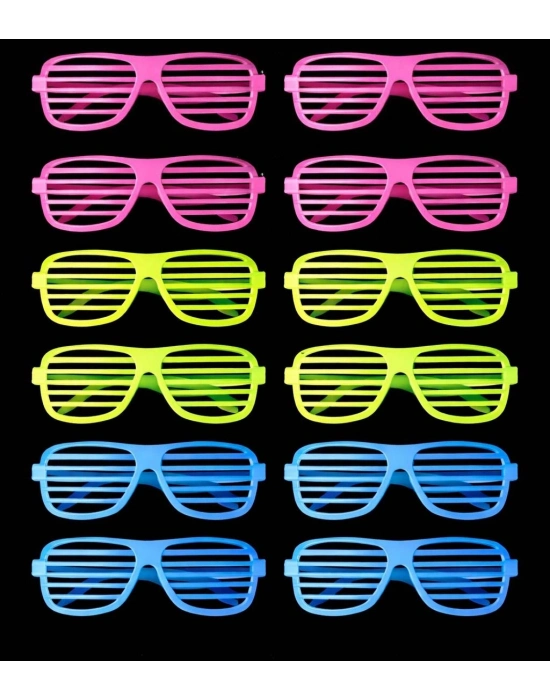 Retro Neon Fosforlu Panjur Gözlük 12 Adet – 80’ler 90’lar Parti Stili