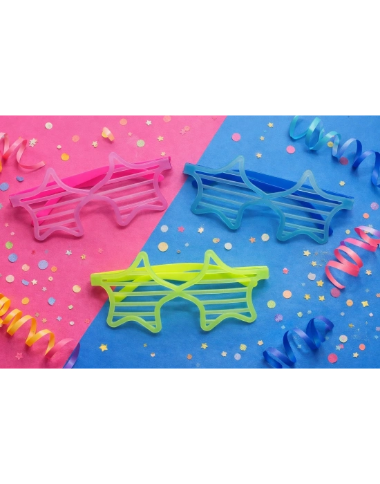 Retro Neon Fosforlu Yıldız Panjur Gözlük 12 Adet – 80’ler 90’lar Parti Stili