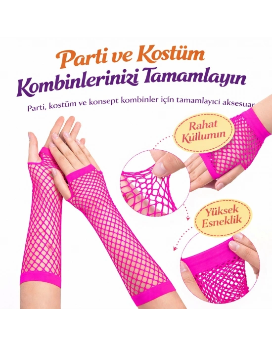 Retro Neon Fuşya File Parmaksız Eldiven 26 cm